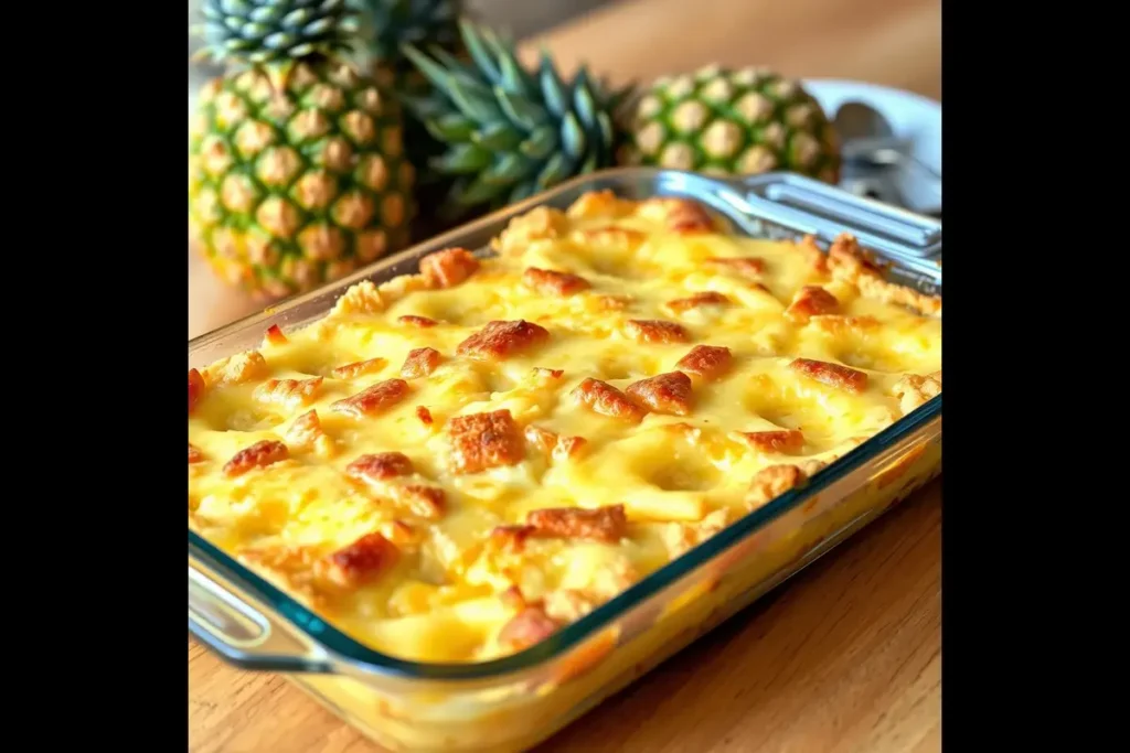 A golden-brown pineapple casserole in a white baking dish, topped with crispy buttery crackers and melted cheddar cheese, placed on a rustic wooden table