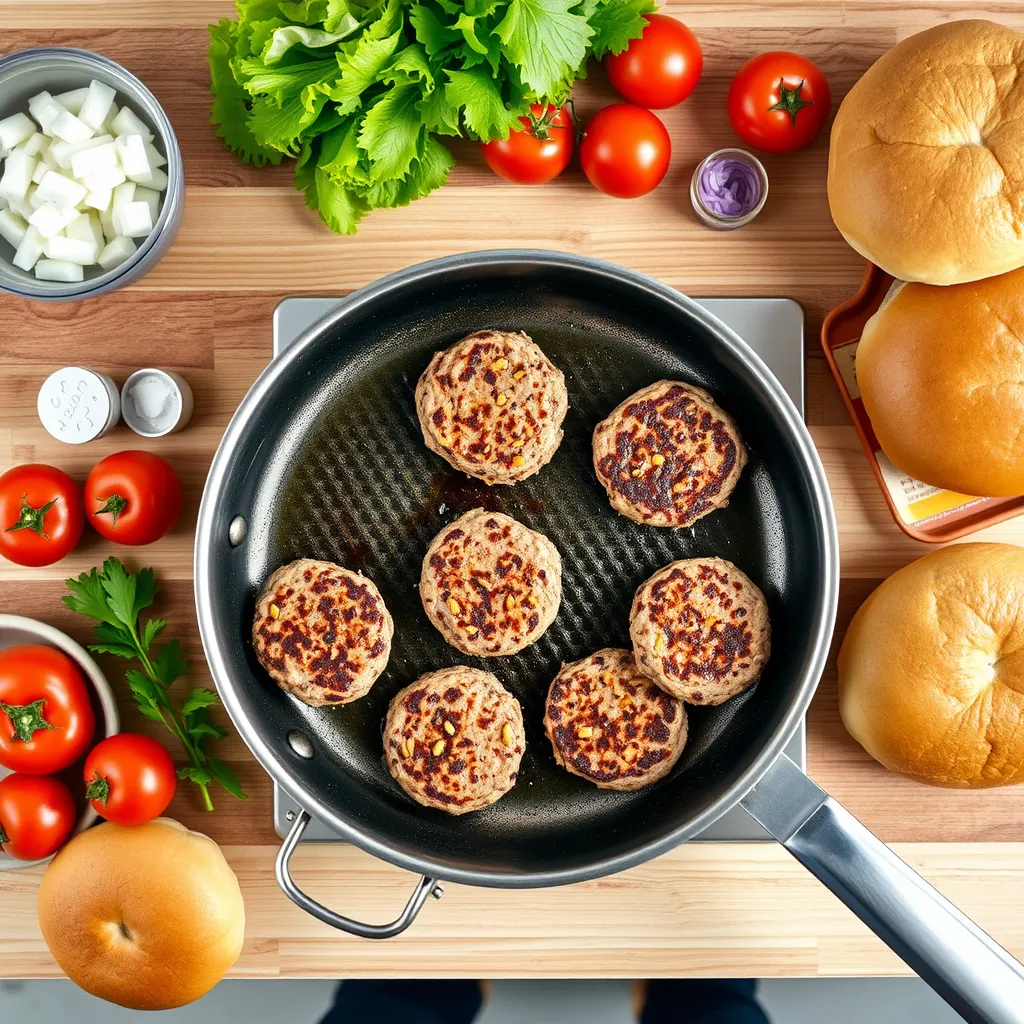 A perfectly seared burger patty frying in a cast-iron skillet, topped with melted cheese and surrounded by fresh ingredients like lettuce, tomatoes, and onions, ready for assembly