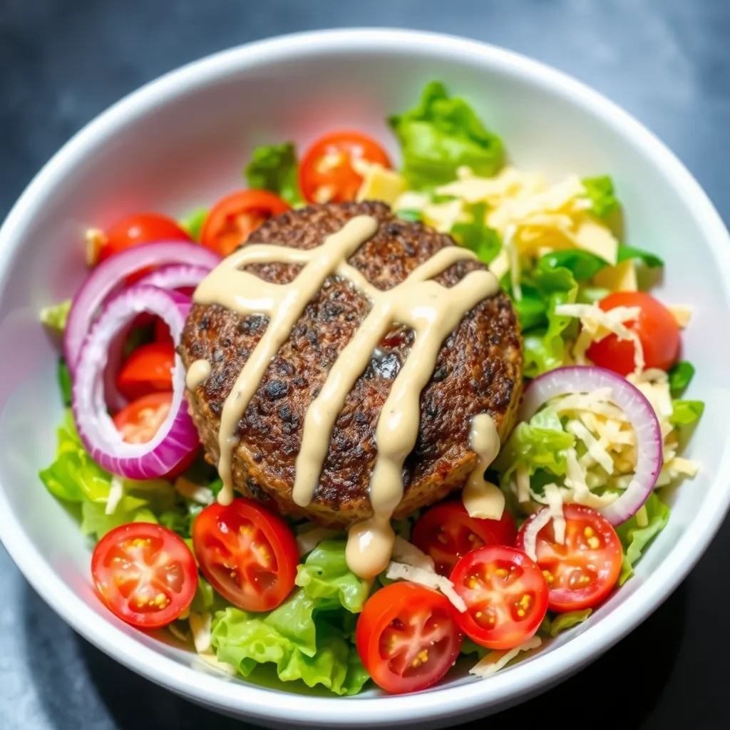 A colorful platter featuring a juicy burger patty served on a bed of fresh lettuce, topped with sliced avocado, tomato, and caramelized onions, paired with a side of grilled vegetables