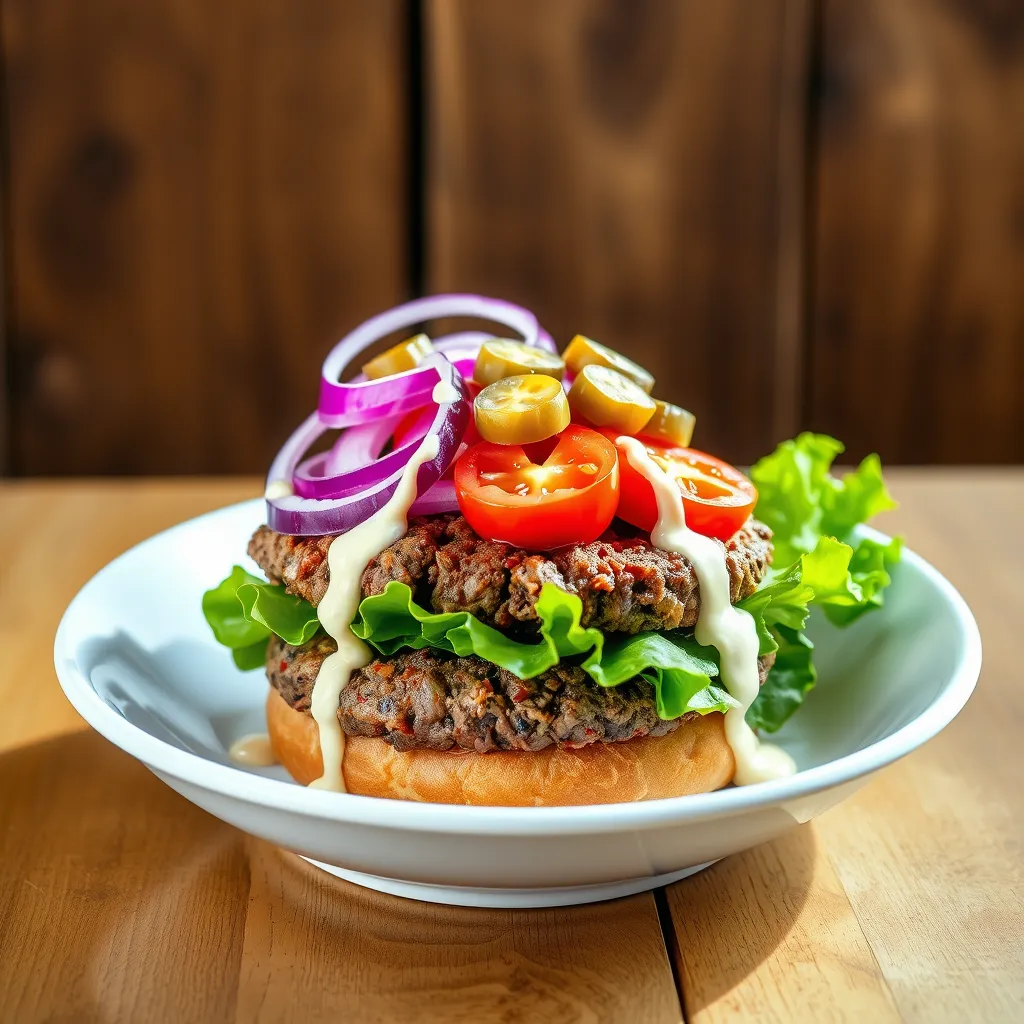 A vibrant burger bowl featuring seasoned ground beef, fresh vegetables, and a drizzle of special sauce.