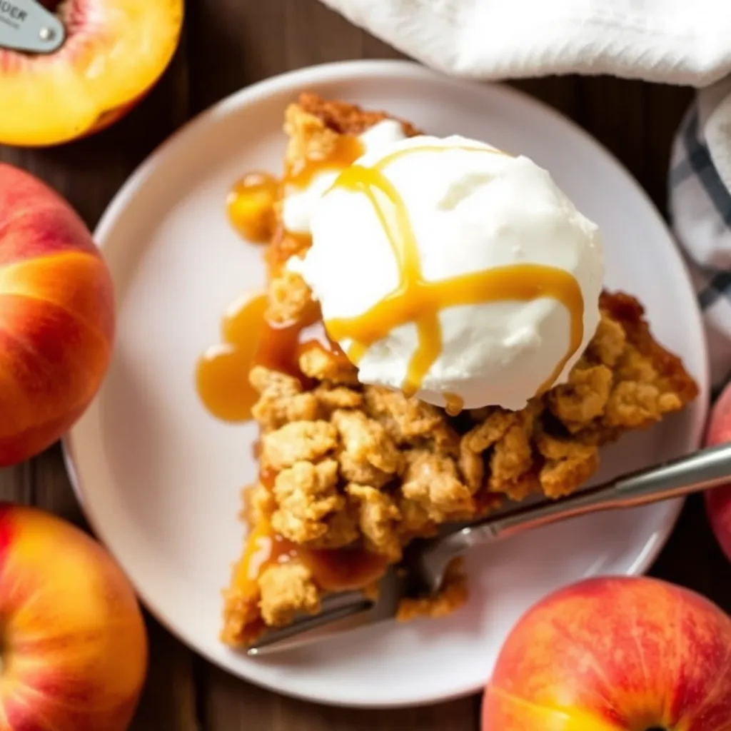 A freshly baked peach crumble in a glass baking dish with a golden-brown oat topping, served alongside fresh peach slices and vanilla ice cream