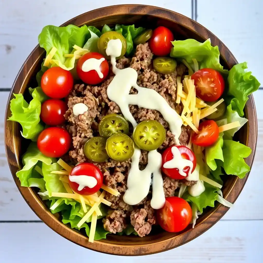 **Alt Text for the Image:** "A colorful burger bowl with seasoned ground beef, fresh lettuce, cherry tomatoes, sliced red onions, pickles, and shredded cheese, drizzled with creamy sauce, presented in a white bowl on a rustic wooden table."