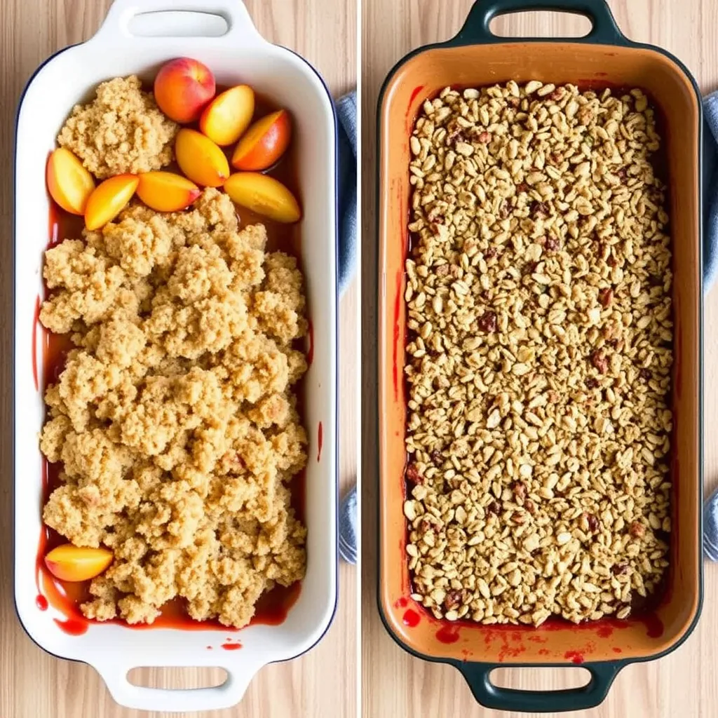 Side-by-side comparison of peach crumble and peach crisp, showcasing the soft streusel topping of the crumble and the crunchy oat and nut topping of the crisp, both served in rustic baking dishes with fresh peach slices in the background