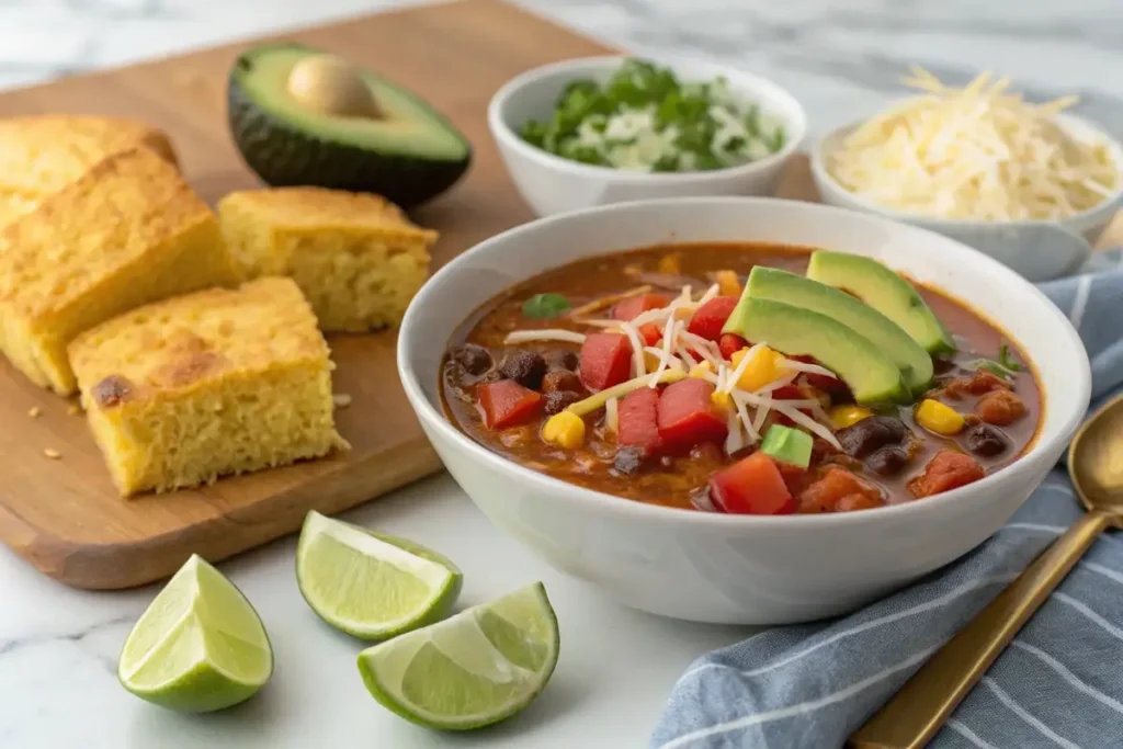 Taco soup with cooling garnishes	