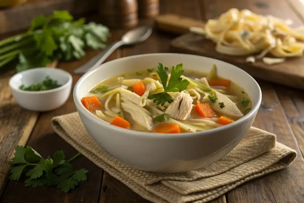 Chicken soup with dried-out chicken	