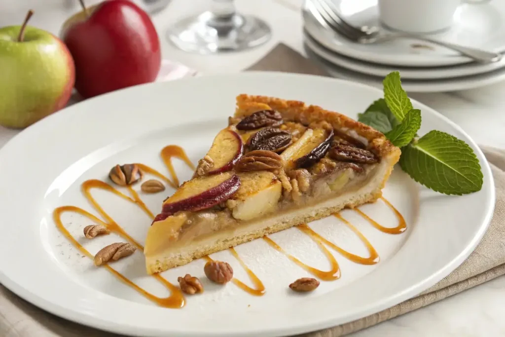 Plated apple and pecan danish tart slice