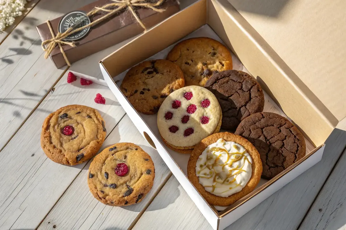 Crumbl cookies in a bakery box