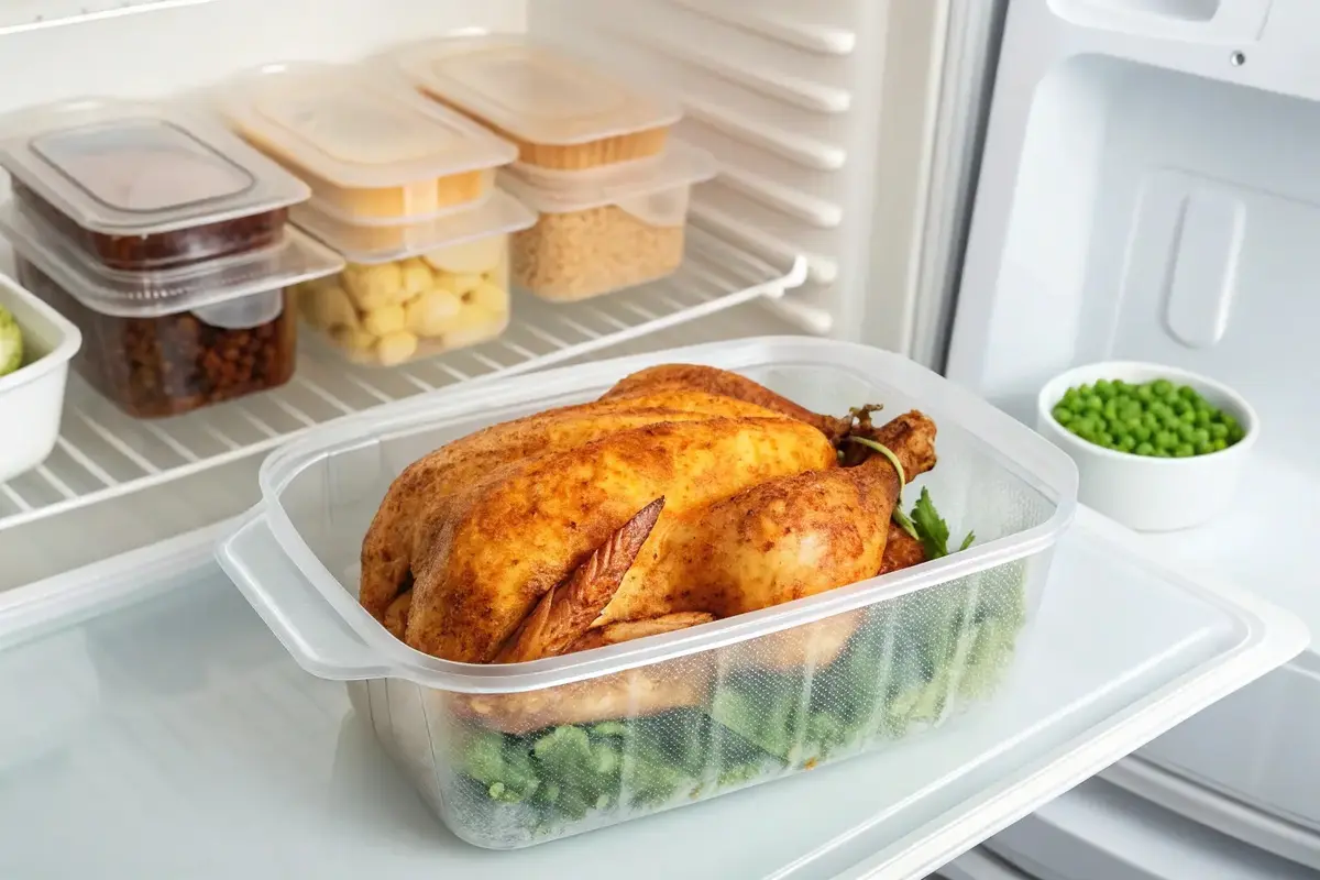 Rotisserie chicken stored in the fridge