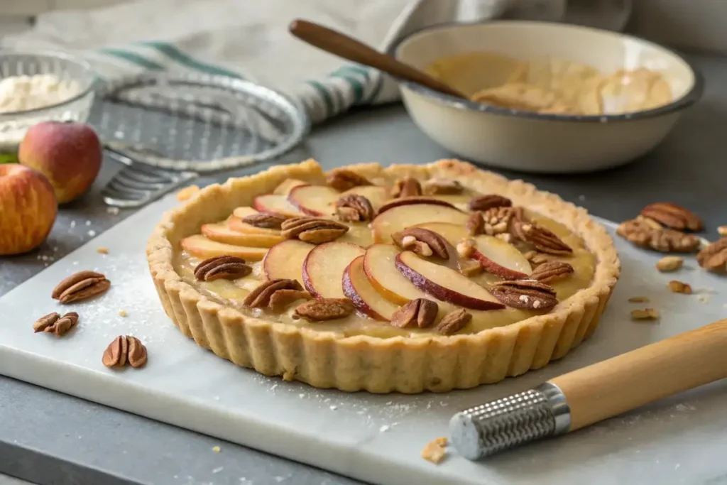 Assembling apple and pecan pastry tart