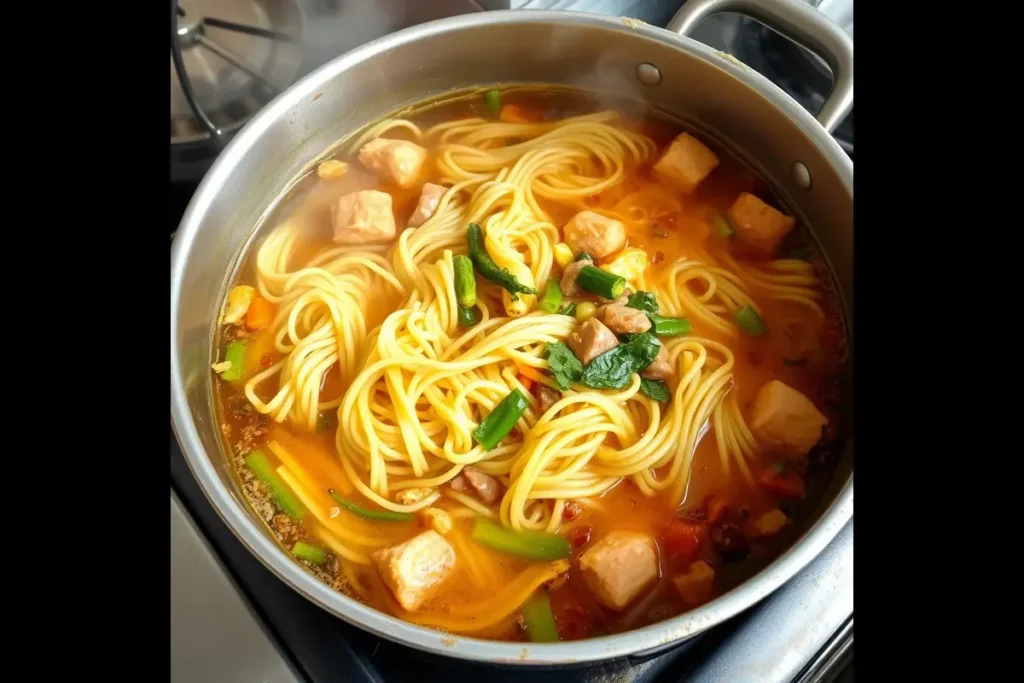 Pastalaya cooking with water and noodles