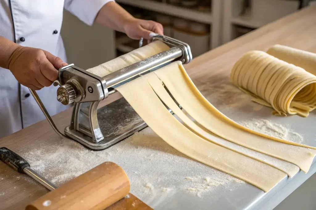 Rolling dough in a pasta maker	